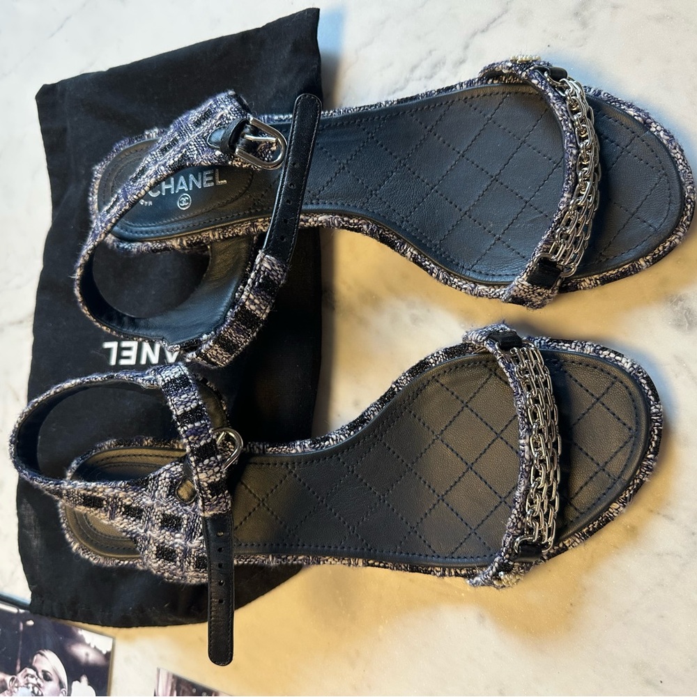 Chanel Black and Silver Tweed Sandals 39.5